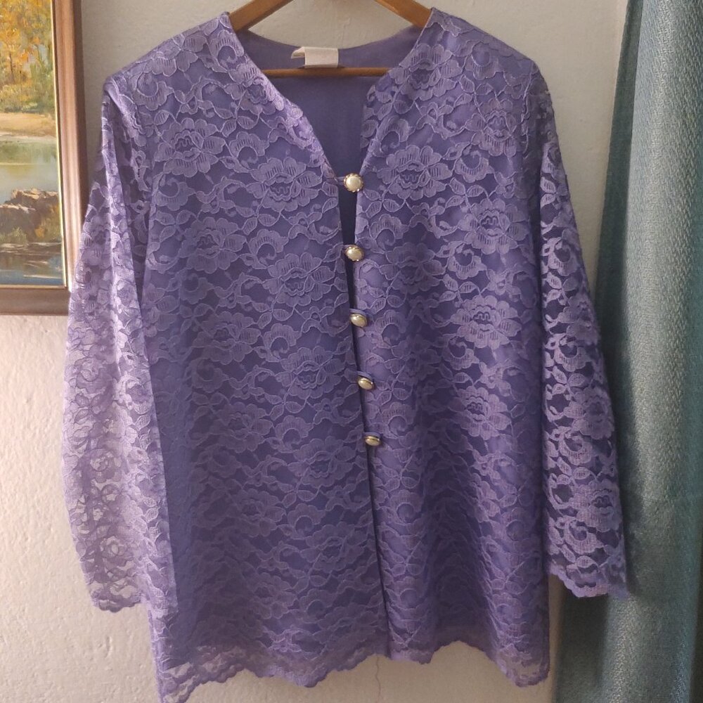 Lady Blair lavender button up blazer with pearl and gold embellished buttons